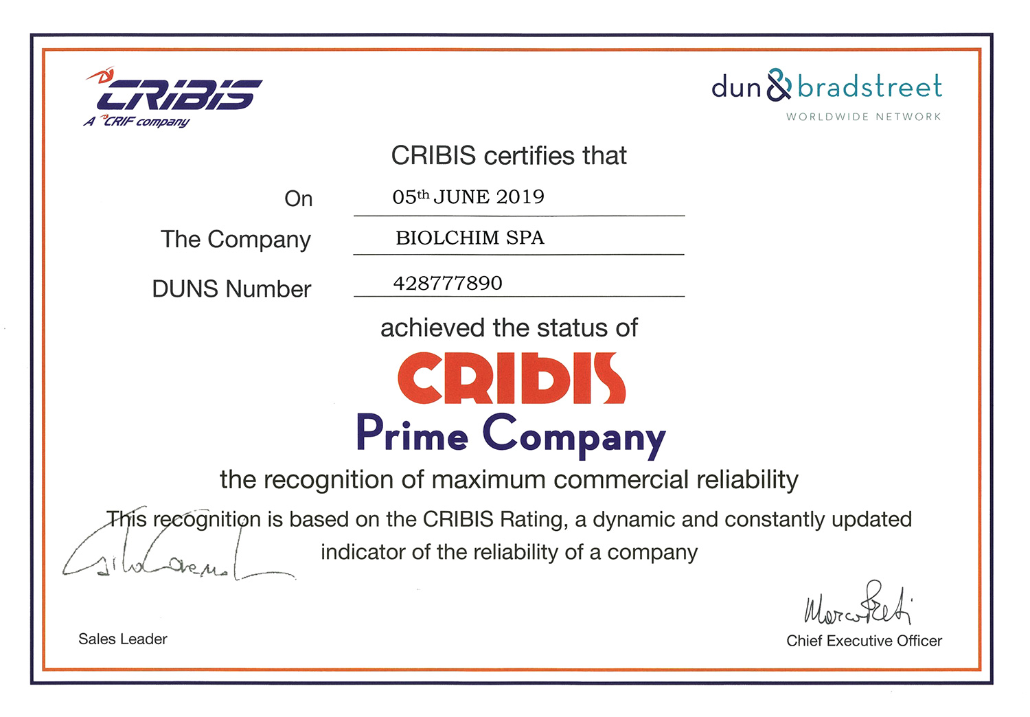 Il riconoscimento CRIBIS Prime Company a Biolchim